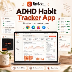 May include: A laptop displaying the Ember ADHD Habit Tracker App interface, featuring dashboards for routines, habits, focus timers, and progress charts. The screen shows data visualizations, a consistency map, and mood tracking. Text includes Ember Habit & Routine, ADHD Habit Tracker App, and Streaks that never reset.