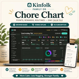 May include: A digital chore chart software interface titled Kinfolk Family OS displayed on a laptop screen and a smartphone. The dark-themed dashboard shows metrics like completion percentages, points earned, and fairness scores for family members.