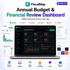 Peut inclure: Un ordinateur portable affichant le tableau de bord FiscalMap Annual Budget & Financial Review, une application web de finances personnelles. L'écran présente des indicateurs financiers, des graphiques et des paramètres. Des icônes et étiquettes entourent l'appareil.