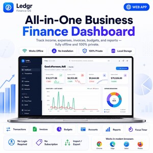 Op de afbeelding: Een laptopscherm met het Ledgr Finance OS zakelijke financiële dashboard. De interface toont financiële statistieken, een lijngrafiek voor cashflow en een cirkeldiagram voor de uitsplitsing van uitgaven.