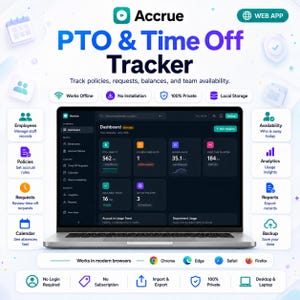 Peut inclure: Un ordinateur portable affichant le tableau de bord Accrue PTO & Time Off Tracker. L'interface présente des mesures pour le passif, les demandes en attente et les soldes. Des icônes et textes soulignent l'accès hors ligne et la confidentialité.