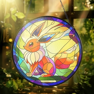 Atrapasueños de vitral de Flareon y Eevee, decoración de ventana tipo fuego, atrapasueños de evolución de anime, regalo para gamers.