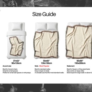 May include: Size guide for woven throw blankets. Three sizes are shown: 37x52 inches (90x130cm), 50x60 inches (130x150cm), and 60x80 inches (150x200cm). Each blanket is cream-colored with a fringed border. The guide suggests uses for each size, including accent chairs, sofas, and beds.