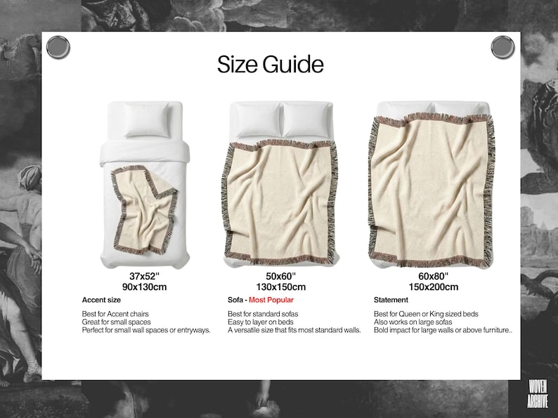 May include: Size guide for woven throw blankets. Three sizes are shown: 37x52 inches (90x130cm), 50x60 inches (130x150cm), and 60x80 inches (150x200cm). Each blanket is cream-colored with a fringed border. The guide suggests uses for each size, including accent chairs, sofas, and beds.