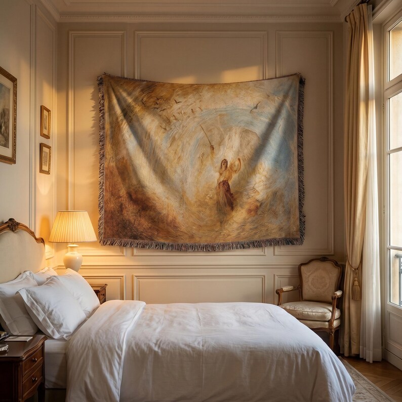 May include: A bedroom featuring a large tapestry with a classical painting of a woman holding a staff. The tapestry is hung above a bed with white linens. A bedside table with a lamp and a chair are also visible.