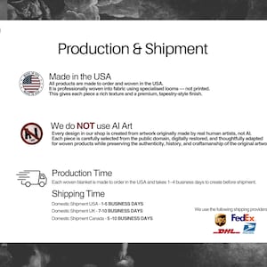 May include: A white graphic with the text "Production & Shipment" and information about the product's origin, production time, and shipping details. The text includes "Made in the USA" and "We do NOT use AI Art".