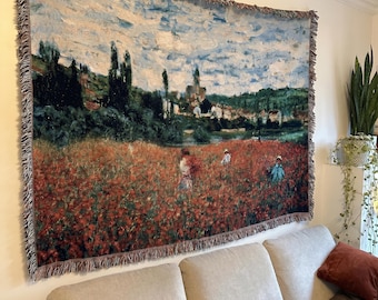 Claude Monet Poppy Field Woven Blanket, Impressionist Floral Art Throw, Vintage Landscape Tapestry, Cottagecore Wall Decor Gift