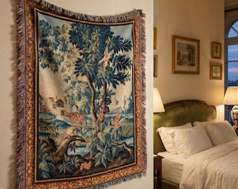 French Verdure Tapestry Wall Hanging, Woven Bird Tree Blanket, Vintage European Landscape Tapestry, Floral Cotton Wall Decor, Cottagecore