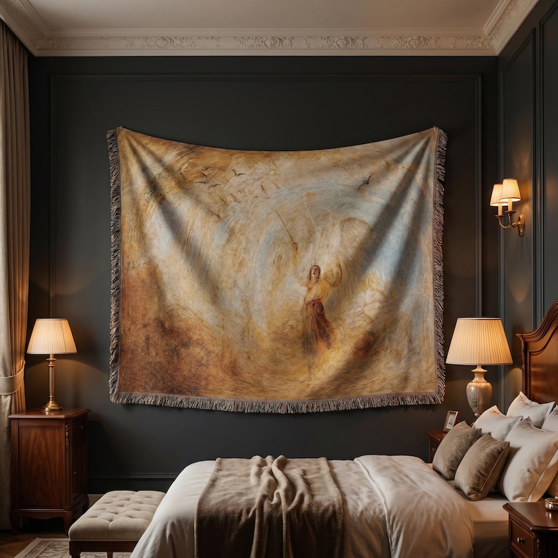 May include: A large, rectangular tapestry with a classical painting of a figure holding a staff, set against a swirling, light-colored background. The tapestry is fringed and hangs on a dark wall above a bed. The room is decorated with lamps and wooden furniture.