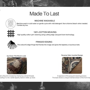 May include: A white sign with the text "Made To Last" and details about the product's features, including machine washability, 100% cotton weaving, and fringed edging. The sign also shows close-up images of the woven look and inverted design.