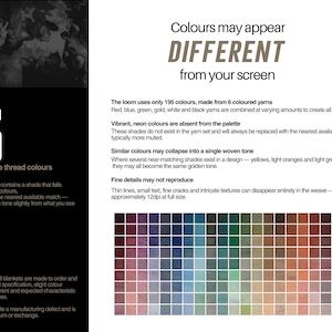 May include: A color palette chart with 195 weavable thread colors, with text stating colors may appear different from your screen. The chart includes a wide range of colors, from deep reds and blues to soft pastels.