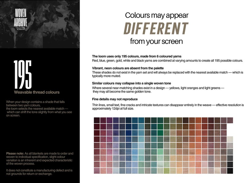May include: A color palette chart with 195 weavable thread colors, with text stating colors may appear different from your screen. The chart includes a wide range of colors, from deep reds and blues to soft pastels.