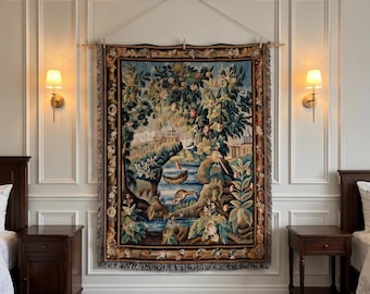 French Garden Tapestry Wall Hanging, Woven Verdure Landscape Blanket, Vintage European Bird Wall Art, Floral Cotton Chateau Decor Throw