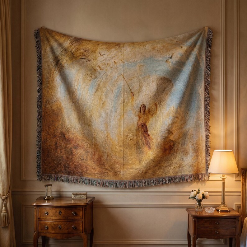 May include: A large tapestry with a classical painting of a woman holding a staff, surrounded by birds and a swirling sky. The tapestry has a fringed edge and is primarily in shades of gold, brown, and blue.