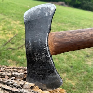 May include: Close-up of a double-bit axe with a dark, weathered steel head and a wooden handle. The axe is resting on a piece of split wood, with a green grassy background.