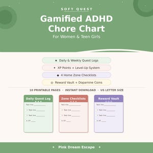Tabella delle faccende domestiche gamificata per donne con ADHD / Sistema di pulizia Soft Quest / Tracker dei punti XP / PDF stampabile / Reset domestico a misura di dopamina