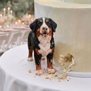 Könnte beinhalten: Dekorativer Kuchen mit einer Figur eines Berner Sennenhundes mit Kuchenkrümeln im Gesicht, neben einem mehrstöckigen weißen Kuchen. Der Hund ist schwarz, braun und weiß. Der Kuchen steht auf einer weißen Tischdecke.