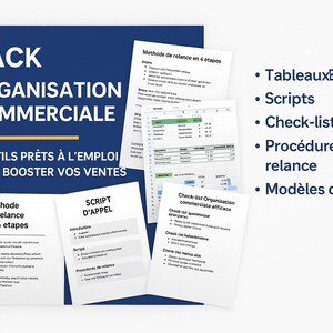 Peut inclure: Visuel bleu foncé avec le texte "PACK ORGANISATION COMMERCIALE" et "6 OUTILS PRÊTS À L'EMPLOI POUR BOOSTER VOS VENTES." Plusieurs documents blancs avec du texte et une feuille de calcul sont affichés. Des puces listent "TableauxExcel, Scripts, Check-lists, Procédures de relance, Modèles d'emails."