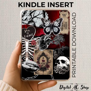 May include: A Kindle insert featuring a collage of gothic elements. The design includes a black and white butterfly, a human heart, a skull, roses, and the text "She is Fierce". The background is a mix of red and black.