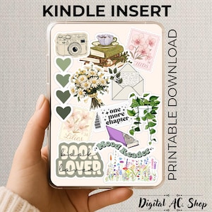 May include: A Kindle insert with a collection of stickers, including a camera, teacup, books, daisies, hearts, and stamps. The design incorporates the text "one more chapter", "book lover", and "Mood Reader". The words "KINDLE INSERT" and "PRINTABLE DOWNLOAD" are also displayed.