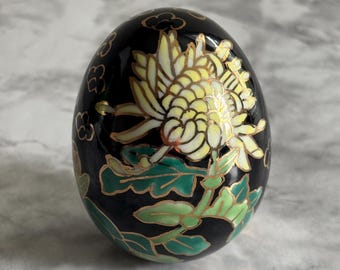 Vintage Black Lacquer Decorative Egg | Hand-Painted Yellow Chrysanthemum