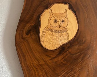 Vintage Owl in Tree Etching on Wood