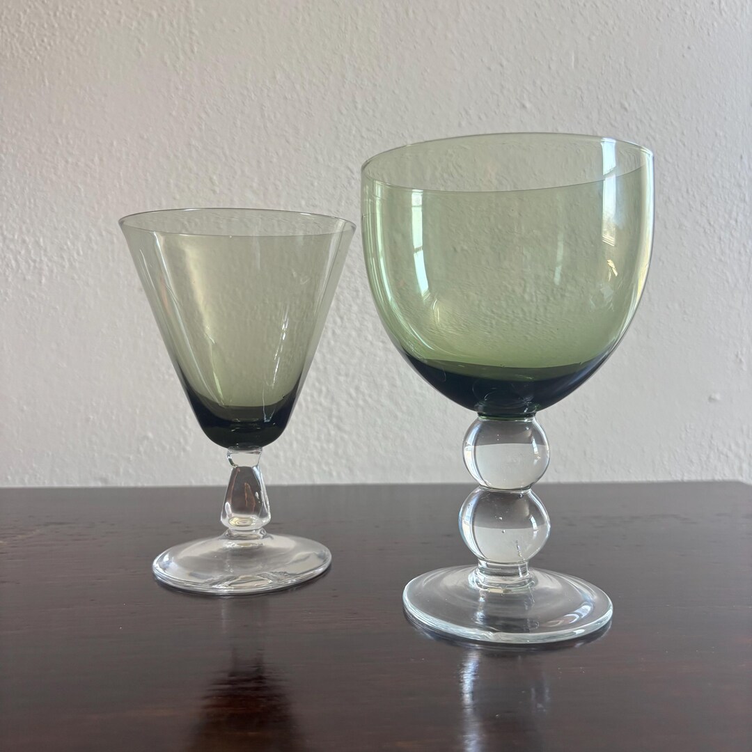 Vintage Green Glass Goblets Mismatched Set Of 2 Geometric Stemmed vintage-green-glass-goblets-mismatched-set-of-2-geometric-stemmed