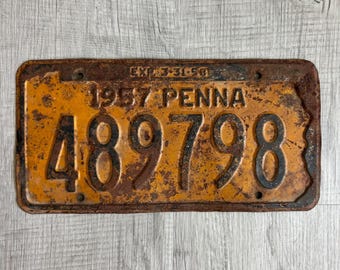 Vintage 1957 Pennsylvania License Plate, Yellow & Black, Rustic Decor