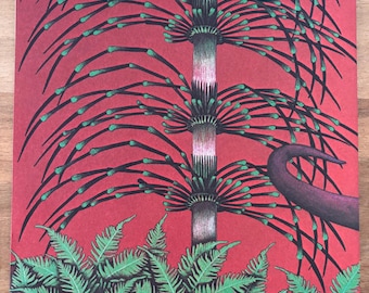 Lámina de arte pop vintage roja con dinosaurio, cola de caballo y helechos prehistóricos.