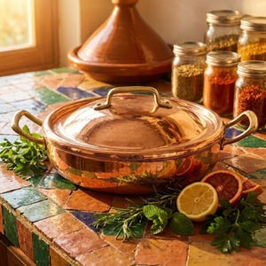 May include: A round copper cooking pot with a matching lid and two side handles, featuring a polished metallic finish. The pot is surrounded by fresh sprigs of rosemary, mint, parsley, a sliced lemon, and a slice of blood orange.