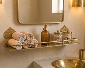 Engraved Brass Bathroom Shelf: Moroccan Handmade Wall Decor, 15 inches
