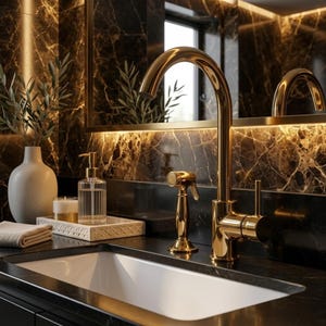 May include: A polished gold kitchen faucet with a matching side sprayer, positioned over a white rectangular sink. The setup includes a clear glass soap dispenser, a white candle, and a folded beige cloth on a decorative tray next to a vase.