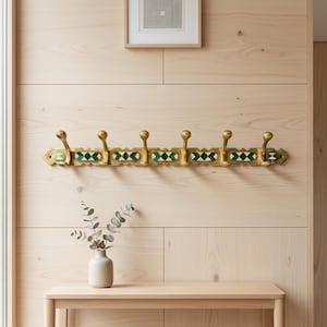 Brass Coat 6 Hooks Rack: Vintage Moroccan Resin Inlay