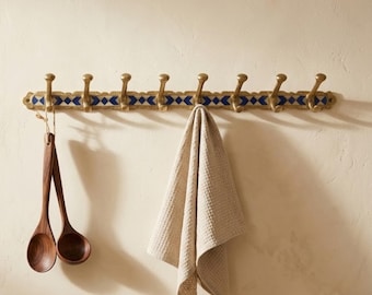 Brass Coat 8 Hooks Rack: Vintage Moroccan Resin Inlay
