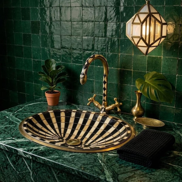 Sink and Faucet with Resin Brass Bone Inlay, Hammered Vessel Sink for Bathroom Vanities.