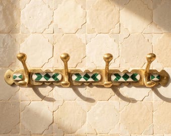 Brass Coat 4 Hooks Rack: Vintage Moroccan Resin Inlay