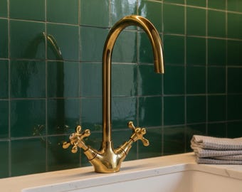 Unlacquered Brass Gooseneck Bathroom Faucet, Solid Sink