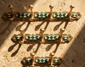 Brass Coat 8 Hooks Rack, Moroccan Handmade, Blue Resin Inlay