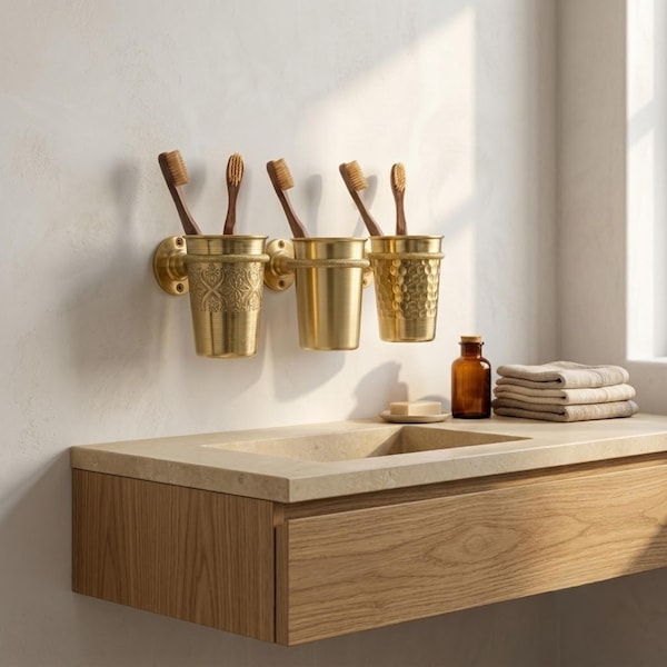 Unlacquered Brass Toothbrush Cup Holder, Wall Mount Toothbrush Organizer