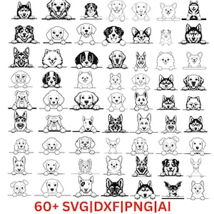 May include: A collection of over 60 black and white line art illustrations featuring various dog breeds peeking over a horizontal line. The graphic set includes diverse canine faces with distinct expressions and ear shapes. Text at the bottom reads 60+ SVG|DXF|PNG|AI.