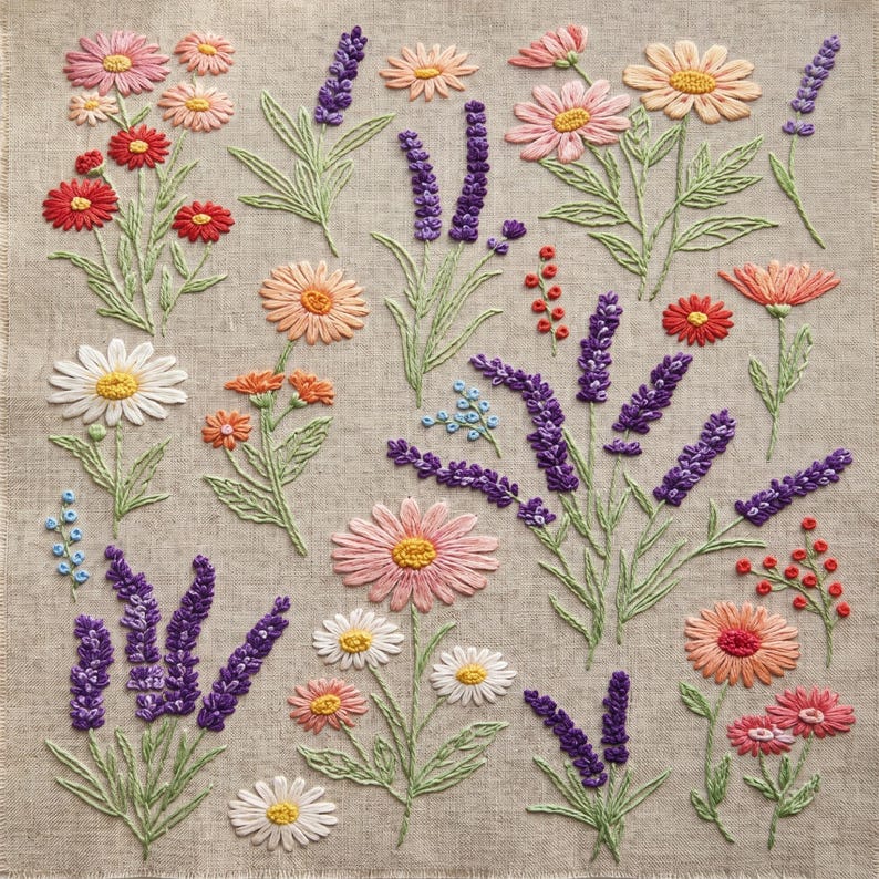 K&ouml;nnte beinhalten: Gesticktes Blumendesign mit G&auml;nsebl&uuml;mchen, Lavendel und anderen Blumen in Rosa, Rot, Orange und Lila. Die Blumen sind auf beigem Leinenstoff mit gr&uuml;nen Stielen und Bl&auml;ttern gestickt. Ein detailliertes Textilkunstwerk.