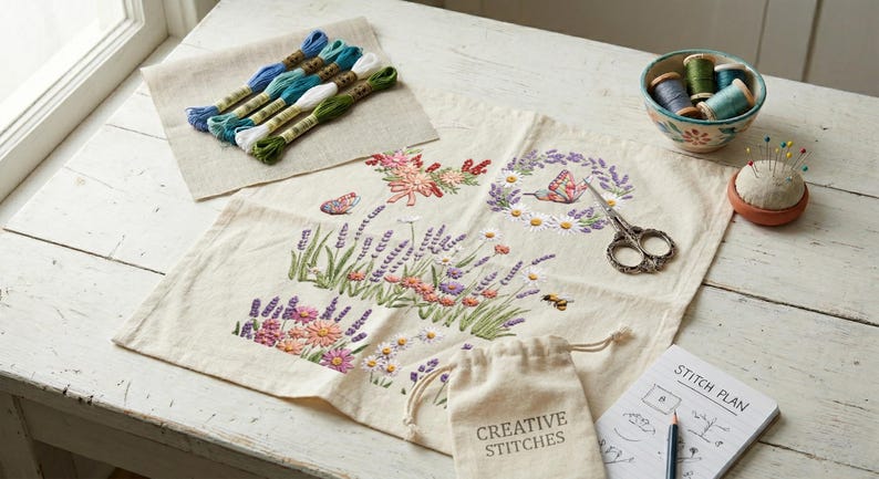 K&ouml;nnte beinhalten: Eine Bastelszene mit Stickzubeh&ouml;r. Ein floral gesticktes Design auf Leinen ist umgeben von Stickgarn, einer kleinen Schale mit Faden, einem Nadelkissen, einer Schere und einem kleinen Beutel mit dem Text "CREATIVE STITCHES".