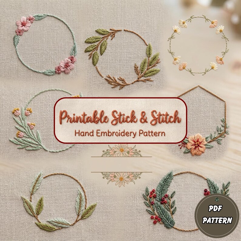 Floral Wreath Embroidery Pattern, Printable Stick & Stitch Floral ...