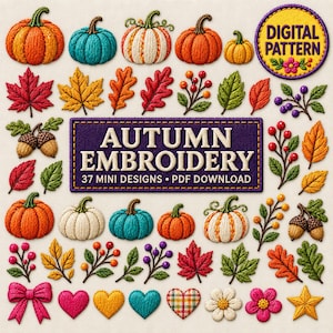May include: A digital pattern collection of 37 autumn embroidery designs featuring pumpkins, colorful fall leaves, acorns, berries, hearts, a bow, and a star. The central purple label reads AUTUMN EMBROIDERY 37 MINI DESIGNS PDF DOWNLOAD.