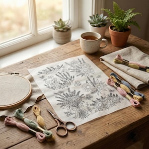 K&ouml;nnte beinhalten: Ein Holztisch mit Stickzubeh&ouml;r. Ein Blumendesign ist auf ein Blatt Papier gedruckt, mit einem Stickrahmen, Garnrollen und einer Schere. Eine Tasse Tee und Topfpflanzen stehen ebenfalls auf dem Tisch.