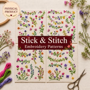 May include: Four rectangular sheets of Stick & Stitch embroidery patterns featuring various floral designs in pink, yellow, orange, purple, and green. The sheets are arranged in a grid with embroidery floss in pink, green, and purple, and metal scissors.
