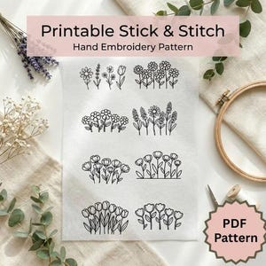 Könnte beinhalten: Ein druckbares Handstickmuster mit verschiedenen floralen Designs in schwarzer Strichzeichnung. Der Text "Printable Stick & Stitch" und "Hand Embroidery Pattern" ist oben zu sehen. Ein PDF-Muster-Symbol befindet sich unten rechts.