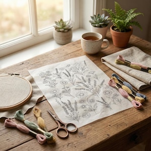 K&ouml;nnte beinhalten: Ein Holztisch mit Stickzubeh&ouml;r. Ein Blumenmuster ist auf ein Papier gedruckt, mit einem Stickrahmen, einer Schere und bunten Garnrollen. Eine Tasse Tee und kleine Topfpflanzen befinden sich ebenfalls auf dem Tisch.