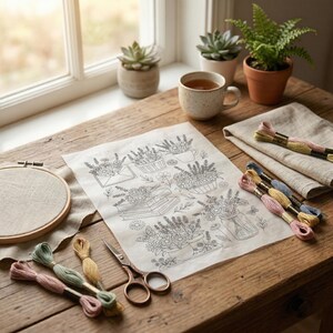K&ouml;nnte beinhalten: Ein Holztisch mit Stickzubeh&ouml;r und einem floralen Design. Zu den Artikeln geh&ouml;ren ein Stickrahmen, eine Schere, Garnrollen in verschiedenen Farben und eine Tasse Tee. Kleine Topfpflanzen stehen in der N&auml;he eines Fensters und schaffen eine gem&uuml;tliche, handwerkliche Szene.