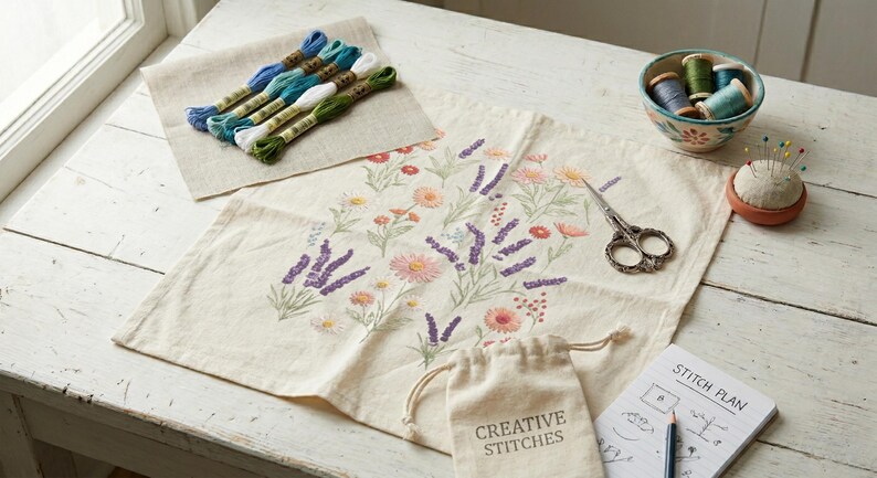 K&ouml;nnte beinhalten: Cremefarbener Stoff mit gesticktem Blumendesign, darunter Lavendel und G&auml;nsebl&uuml;mchen. Stickgarn in Blau-, Gr&uuml;n- und Wei&szlig;t&ouml;nen, eine kleine Schale mit Garn, eine Schere und ein Nadelkissen deuten auf ein Handarbeitsprojekt hin.